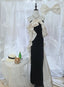 Elegant Black And White Color-Blocked Mermaid Strapless Velvet Satin Long Formal Prom Dress