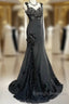 Elegant Black Mermaid Satin Beaded Sequin Long Prom Dress, Sweetheart Neck Evening Dress