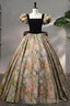 Elegant Black Puffy Short Sleeve Floor Length Prom Dresses A-Line Floral Pattern Prom Dresses