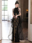 Elegant Black Sequins Halter Evening Dress With Lace Applique, Black Long Prom Dress
