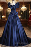 Elegant Blue Satin Prom Dresses, Square Neckline Puffy Short Sleeve Bow Backless Floor Length Formal Dresses