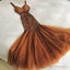 Elegant Brown Mermaid Spaghetti Strap Chiffon Tulle Beaded Prom Dresses Long Birthday Dresses