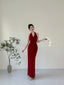Elegant Burgundy Fitted Halter Neck Deep V-Neck Satin Long Formal Prom Dress