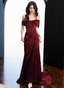 Elegant Burgundy Mermaid Off-The-Shoulder Ruffled Satin Train Formal Prom Dress