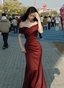 Elegant Burgundy Mermaid Off-The-Shoulder Satin Long Formal Prom Dress