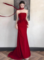 Elegant Burgundy Mermaid Strapless 3D Floral Satin Train Formal Prom Dress
