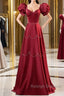 Elegant Burgundy Satin Long Prom Dress With Beaded, Burgundy Short Sleeve Evening Dress