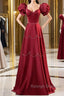 Elegant Burgundy Satin Prom Dresses Long With Beaded Burgundy Short Sleeve Prom Dresses