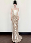 Elegant Champagne Gold Mermaid Strapless Ruffled Satin Train Formal Prom Dress