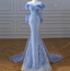 Elegant Dreamy Blue Mermaid Off-The-Shoulder Bow Sequined Tulle Train Formal Prom Dress