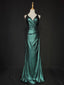 Elegant Green Spaghetti Strap V-Neck Ruffled Satin Long Formal Prom Dress