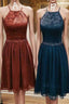 Elegant Halter Lace Teal Cocktail Dress Fancy Short Dress Prom