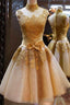 Elegant High Neck Gold Tulle Knee-Length Homecoming Dresses With Appliques