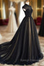 Elegant High Neck Swee Train Rhinestone Prom Dress, Black Formal Dress