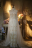 Elegant Ivory Strapless Beaded Floral Tulle Train Long Formal Prom Dress
