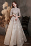 Elegant Lace Mid-Sleeve Long Prom Dresses Champagne High Neck Prom Dresses