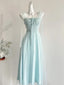 Elegant Light Blue A-Line Square Neck Tulle Long Formal Prom Dress Bridesmaid Dress