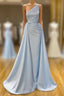 Elegant Light Blue One Shoulder Overskirt Soft-pleated Prom Dress