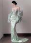 Elegant Light Mint Green Mermaid Sweetheart Neck Pearl Backless Shiny Satin Train Formal Prom Dress