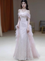 Elegant Light Pink Mermaid Off-The-Shoulder Sequined Sheer Tulle Long Formal Prom Dress