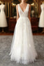 Elegant Long A Line V Neck Appliques Tulle Backless Wedding Dresses