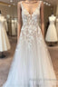 Elegant Long A Line V Neck Tulle Appliques Lace Open Back Wedding Dresses