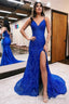 Elegant Long Mermaid Royal Blue V Neck Sleeveless Lace Prom Dress With Slit