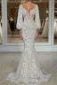 Elegant Long Sleeves Mermaid V Neck Tulle Lace Wedding Dress
