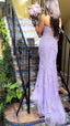 Elegant Mermaid Sleeveless Lace Lilac Prom Dress Long Prom Dress