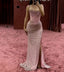 Elegant Mermaid Spaghetti Straps Pink Beads Sequin Slit Prom Dress Long Prom Dresses