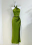 Elegant Minimalist Green Slim Halter Neck Satin Long Formal Prom Dress