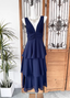 Elegant Navy Blue A-Line V-Neck Ruffled Layered Chiffon Formal Prom Dress