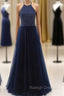 Elegant Navy Blue Halter Beaded Long Prom Dress, Prom Dress