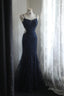 Elegant Navy Blue Mermaid Spaghetti Strap Lace Long Formal Prom Dress