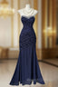 Elegant Navy Mermaid Strapless Prom Dresses Backless Chiffon Birthday Prom Dresses