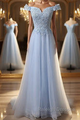 Elegant Off Shoulder Long Sky Blue Lace Prom Dress, Off Shoulder Sky Blue Formal Dress, Sky Blue Lace Evening Dress
