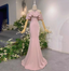 Elegant Pink Mermaid Halter Neck Ruffled Satin Train Formal Prom Dress