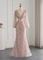 Elegant Pink Mermaid V-Neck Long Sleeve Sequin Long Formal Prom Dress