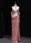 Elegant Pink Strapless Embroidered Floral Satin Slit Long Formal Prom Dress