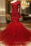 Elegant Red One Shoulder Long-Sleeves Appliques Mermaid Prom Gowns