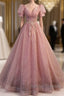 Elegant Red Pink Beaded Rhinestone Fluffy Short Sleeved Ball Dresses With Red Pink V-Neck Butterfly Patch Flower Dew Back Strap And Floor Length Prom Dresses