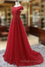 Elegant Red Tulle Long Prom Dress with Lace Applique, Red Prom Gown
