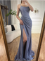 Elegant Slate Blue Spaghetti Strap Mermaid Ruched Slit Satin Long Formal Prom Dress