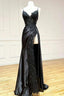 Elegant Black Spaghetti Straps Prom Dress Satin Sheath Prom Dress Long With Slits