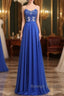 Elegant Strapless Chiffon Prom Lace Appliques Prom Dresses Long Royal Blue
