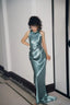 Elegant Turquoise Fitted High-Neck Halter Neck Satin Long Formal Prom Dress Bridesmaid Dress