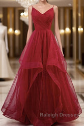 Elegant V Neck Open Back Sequins Burgundy Long Prom Dress, Shiny Burgundy Formal Dress, Fluffy Burgundy Evening Dress