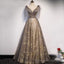 Elegant V Neck Organza Grey Lace A Line Spaghetti Straps Lace-up Back Long Prom Dress
