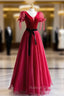 Elegant V Neck Tulle and Velvet Long Prom Dress, Burgundy A Line Prom Dress