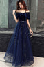 Elegant Velvet Bodice Tulle Long Prom Dresses Navy Blue Prom Dresses